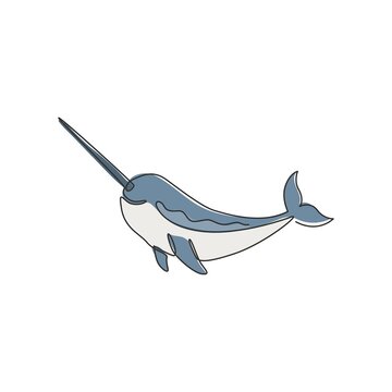 recommend clip art: Single continuous line drawing of adorable narwhal for logo identity. Narwhale animal mascot concept for magical creature icon. One line graphic draw design vector illustration