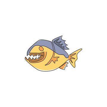 recommend clip art: One single line drawing of angry piranha for logo identity. Amazon river fish mascot concept for monster creature icon. Continuous line graphic draw design vector illustration