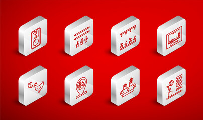 Set line Flower status, Smart farm with bulb and plant, Automatic irrigation sprinklers, Incubator for eggs, Conveyor belt box, farming technology, Tractor location and Chicken camera icon. Vector