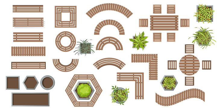 Outdoor wooden furniture. Wooden benches and plants in pots top view. Set  of vector for landscape design . Collection of Architectural elements,  plants, trees, tables, benches, chairs in flat style Stock Vector