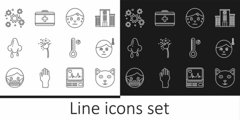 Set line Pet, High human body temperature, Man with excessive sweating, Flower producing pollen, Runny nose, Bacteria, Medical digital thermometer and First aid kit icon. Vector