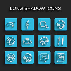 Set line Car wheel, Steering, fender, Oil filler cap at gas station, Gear shifter, engine, Windscreen wiper and icon. Vector