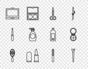 Set line Hairbrush, Makeup, Scissors, Lipstick, powder with mirror, Bottle of liquid soap, Nail file and icon. Vector