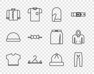 Set line T-shirt, Pants, Christmas mitten, Hanger wardrobe, Bow tie, Winter hat and Hoodie icon. Vector