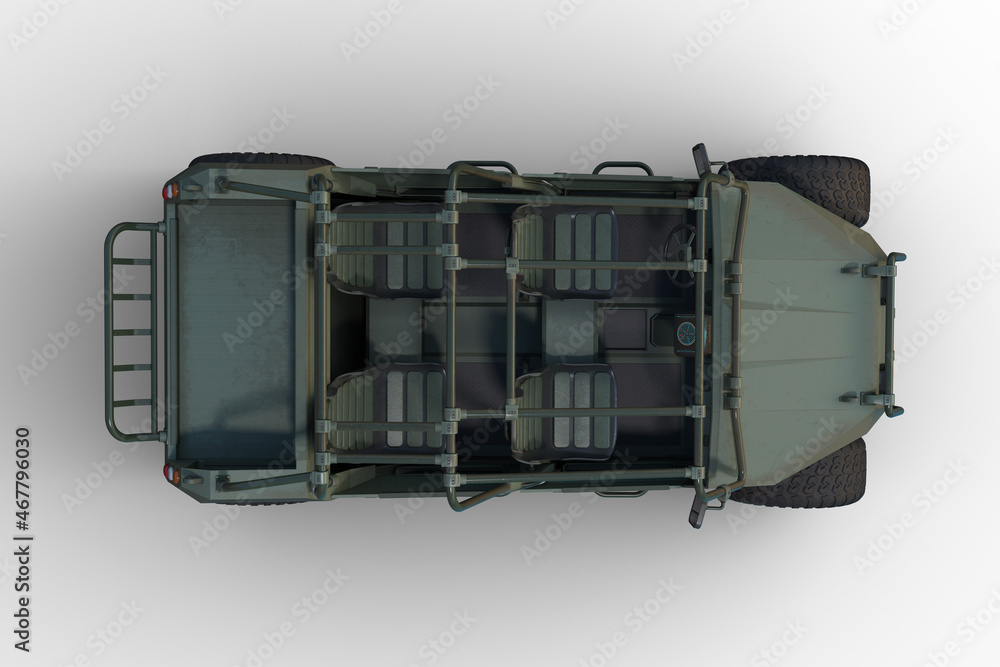 Poster 3d rendering of a green military all terrain vehicle viewed from above isolated on a white backgroun