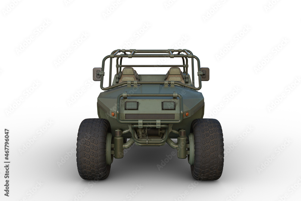 Poster 3d rendering of a green military all terrain vehicle viewed from the front isolated on a white backg