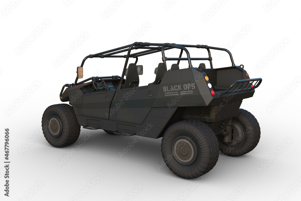 Poster 3d rendering of a black ops military all terrain vehicle seen from rear perspective isolated on a wh