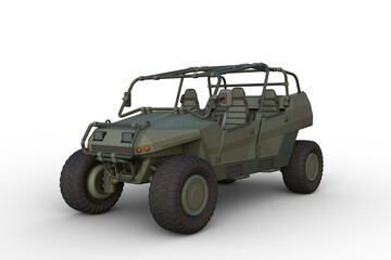 3D rendering of a green military all terrain vehicle isolated on a white background.