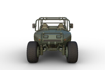 Fototapeta na wymiar 3D rendering of a green military all terrain vehicle viewed from the front isolated on a white background.
