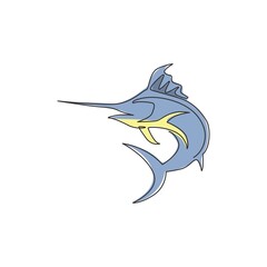 One continuous line drawing of big wild marlin for marine company logo identity. Jumping fish mascot concept for fishing competition icon. Single line draw design vector graphic illustration