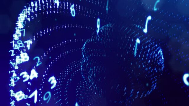 3d loop background, concept of digital data processing, calculation and visualization of computation. Counters of numbers in rows of lines on spheres. Blue digital information bg with numbers. Sci-fi