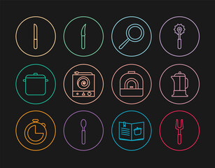 Set line Barbecue fork, French press, Frying pan, Electric stove, Cooking pot, Knife, Oven and icon. Vector