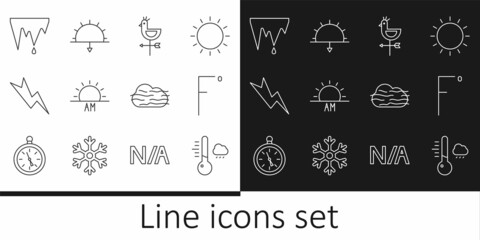 Set line Meteorology thermometer, Fahrenheit, Rooster weather vane, Sunrise, Lightning bolt, Icicle, Fog and cloud and Sunset icon. Vector