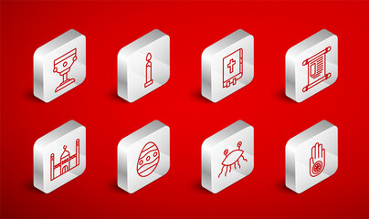Set line Jainism or Jain Dharma, Burning candle, Holy bible book, Decree, paper, parchment, scroll, Pastafarianism, Christian chalice, Easter egg and Muslim Mosque icon. Vector