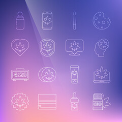 Set line Medical bottle with marijuana, Laptop and or cannabis, Head, Marijuana joint, Shield leaf, heart, olive oil and Location icon. Vector
