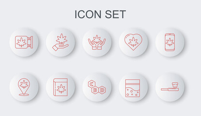 Set line Smoking pipe, Location and marijuana, Marijuana or cannabis leaf, Plastic bag of, store, Book and Cannabis molecule icon. Vector