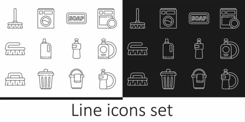 Set line Dishwashing liquid bottle and plate, Bar of soap, Fabric softener, Brush for cleaning, Handle broom, and Washer icon. Vector