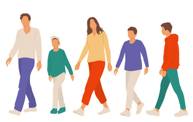 Fototapeta premium Set of family, man, woman and boys, a group of standing people, dad, mom and children, different colors, cartoon character, vector silhouettes, design concept of flat icon, isolated on white 