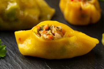 Dim Sum dumplings and Bao buns on rustic stone board. Traditional Chinese food