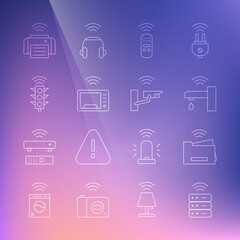 Set line Smart server, printer, water tap, remote control, microwave oven, traffic light, and security camera icon. Vector