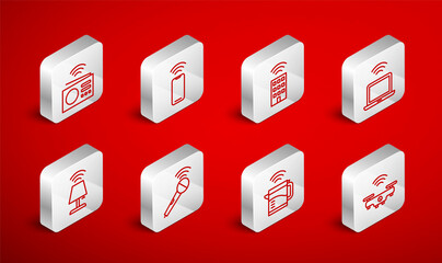 Set line Smart drone, Wireless smartphone, home with wireless, laptop, electric kettle, radio, microphone and table lamp icon. Vector