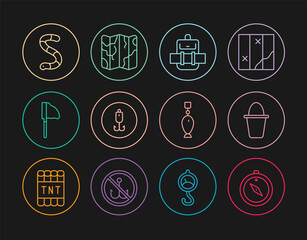Set line Compass, Fishing bucket, Hiking backpack, hook, net with fish, Worm, spoon and Folded map icon. Vector