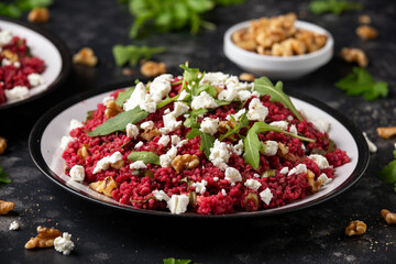 Bulgur salad with beetroot, walnuts, arugula and feta cheese. Healthy diet food