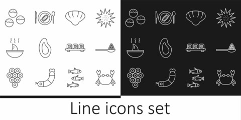 Set line Crab, Caviar on spoon, Scallop sea shell, Mussel, Shark fin soup, Takoyaki, Sushi cutting board and Served cucumber plate icon. Vector