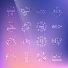 Set line Canned fish, Served crab on plate, Grilled steak, Fish, Sea cucumber, Shark fin soup, Jellyfish and icon. Vector