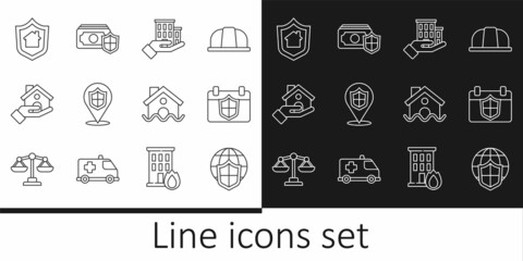 Set line Shield with world globe, Calendar shield, House insurance, Location, flood and Money icon. Vector