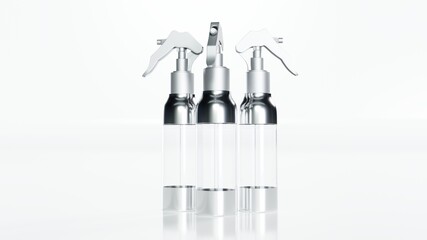 Instant antiseptic hand sanitizer mist spray, antibacterial alcohol liquid. One transparent plastic bottle with atomizer pump isolated on white background, studio shot. 3d render