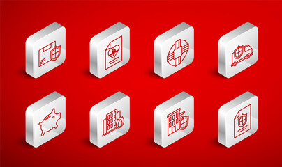 Set line Contract with shield, Health insurance, Lifebuoy, Car, House, Delivery security, Fire burning house and Piggy bank icon. Vector