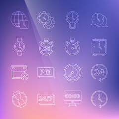 Set line Clock, 24 hours, Alarm clock, Stopwatch, Wrist, World time and icon. Vector