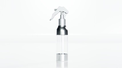 Instant antiseptic hand sanitizer mist spray, antibacterial alcohol liquid. One transparent plastic bottle with atomizer pump isolated on white background, studio shot. 3d render