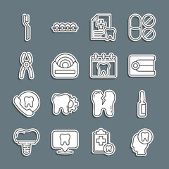 Set line Human head with tooth, Painkiller tablet, Dentures model, Dental card, floss, pliers, Toothbrush and Calendar icon. Vector