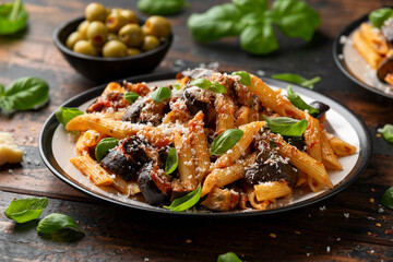 Pasta alla Norma with eggplant or aubergine, tomato, parmesan and basil. Healthy food