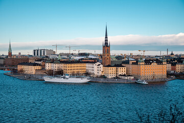 Fototapeta na wymiar Scenic evening panorama of the Old Town of Stockholm from above
