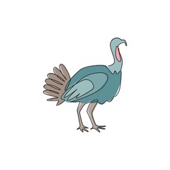 Single continuous line drawing of giant turkey for farming logo identity. Big cock mascot concept for poultry livestock icon. Modern one line draw graphic design vector illustration