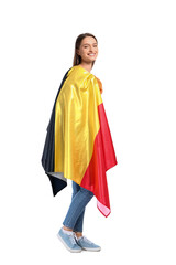 Young woman with flag of Belgium on white background