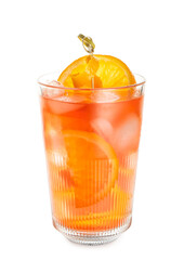 Glass of negroni cocktail with lemon peel on white background