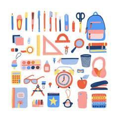 Big flat hand drawn illustrations set of school supplies. Vector clip art stationery objects.
Back to school illustration template on isolated on white background. Vector elements with stationery.