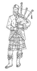 Scottish man dressed in kilt playing traditional bagpipes. Vintage vector black engraving - obrazy, fototapety, plakaty