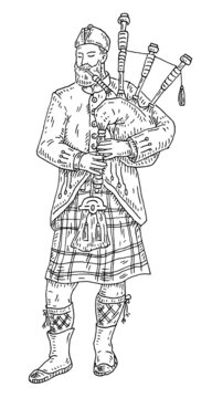 Scottish man dressed in kilt playing traditional bagpipes. Vintage vector black engraving