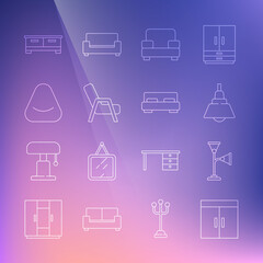 Set line Wardrobe, Floor lamp, Chandelier, Armchair, Pouf, Chest of drawers and Big bed icon. Vector