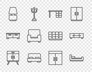 Set line Chest of drawers, Bed, Office desk, Big bed, Table lamp, Armchair, Wardrobe and icon. Vector