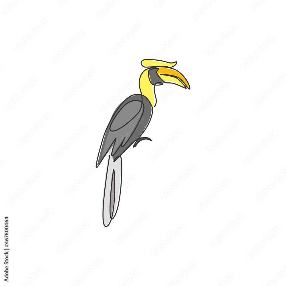 Wall mural One single line drawing of adorable hornbill for zoo logo identity. Large size bird mascot concept for bird lover club icon. Modern continuous line draw design graphic vector illustration