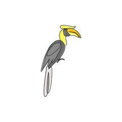 One single line drawing of adorable hornbill for zoo logo identity. Large size bird mascot concept for bird lover club icon. Modern continuous line draw design graphic vector illustration © Simple Line