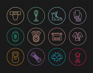 Set line Award cup, Japanese costume Kimono, Sport boxing shoes, Medal, American Football ball, Groin guard, Stopwatch and Punching bag icon. Vector