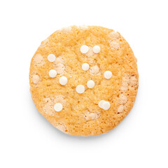 Tasty homemade cookie with chocolate chips on white background