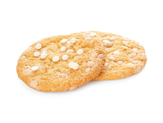 Delicious homemade chocolate cookies on white background